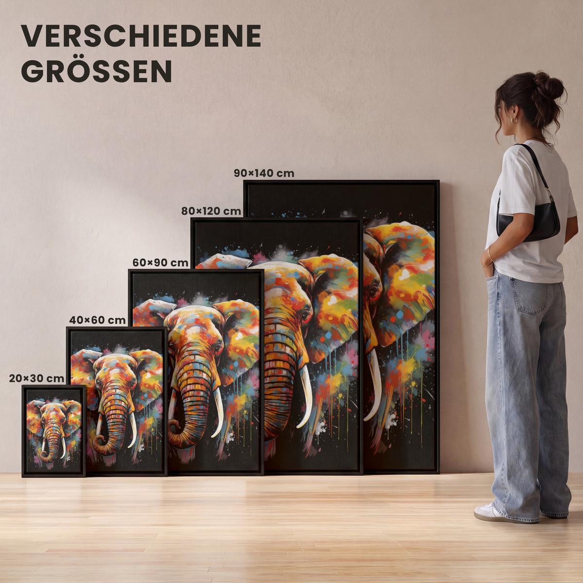 LEINWAND Bilder mit Rahmen - Elefant - Graffiti - Schwarz - Tiere - Farben - 20x30 - Schwarz, Textil (20/30cm) - MuchoWow