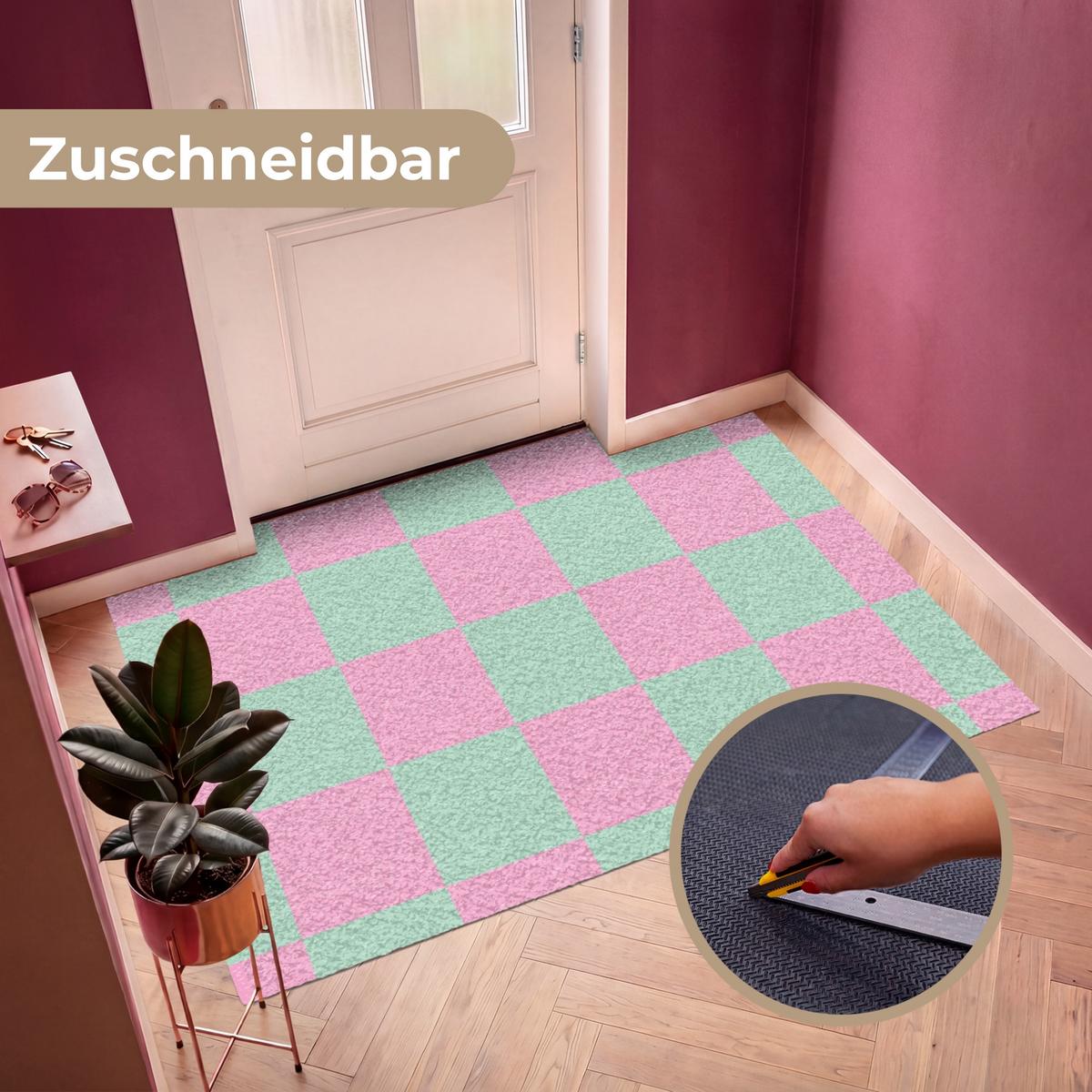 FUSSMATTE Schachbrettmuster - Grün - Rosa - Würfel Fußabtreter 180x120 cm - Mintgrün, Kunststoff (180/0.4cm) - MuchoWow