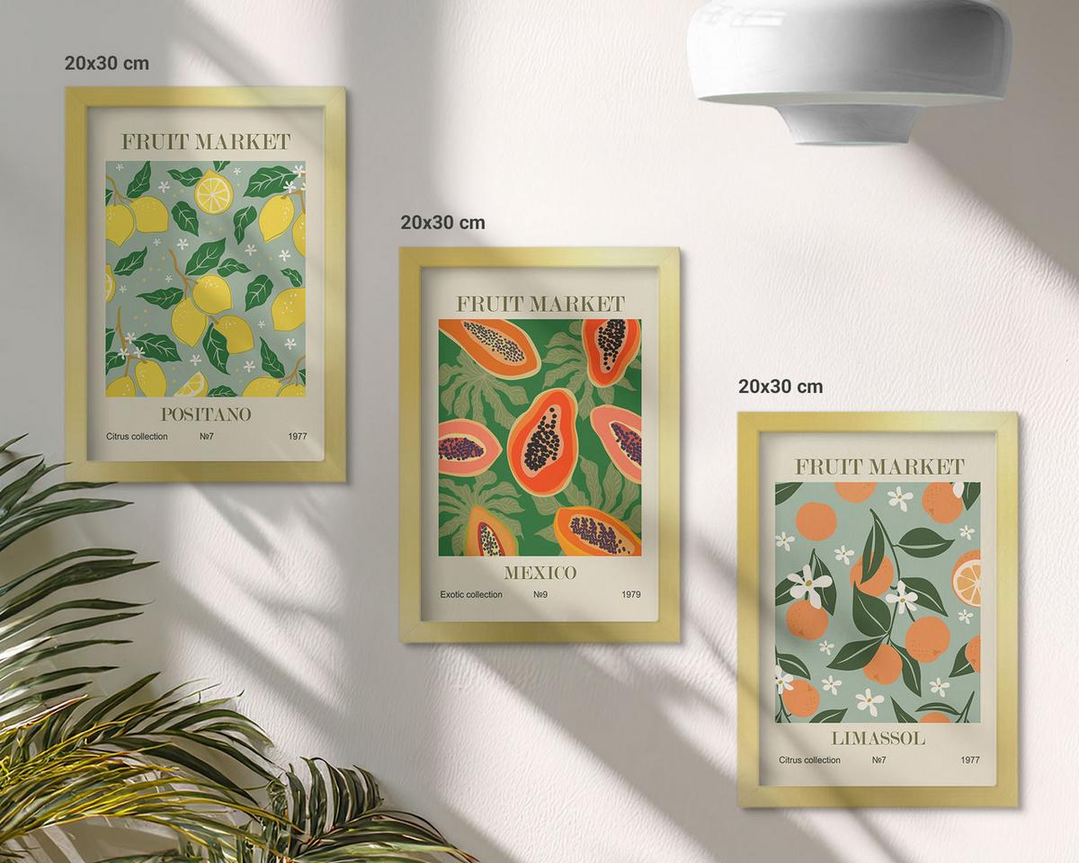BILDER SET 3er Set - 20x30 cm Goldrahmen - Fruchtposter Zitronen Papayas - Goldfarben, Kunststoff (20/30cm) - TULUP