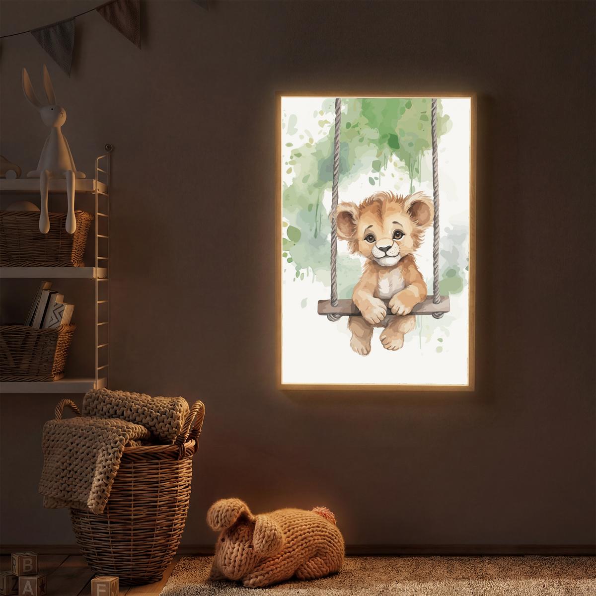 WANDLEUCHTE MIT AKKU Löwe - Tier - Kinder - Dschungel 70x100 cm - Weiß, Holzwerkstoff (70/100/8cm) - OnlyWow