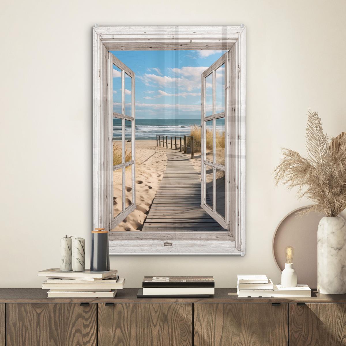 ACRYLGLASBILD Fenster - Meer - Küste - Natur - Ausblick - Strand - Wattenmeer Wanddeko Wohnzimmer 40x60 cm - Beige, Glas (40/60cm) - MuchoWow