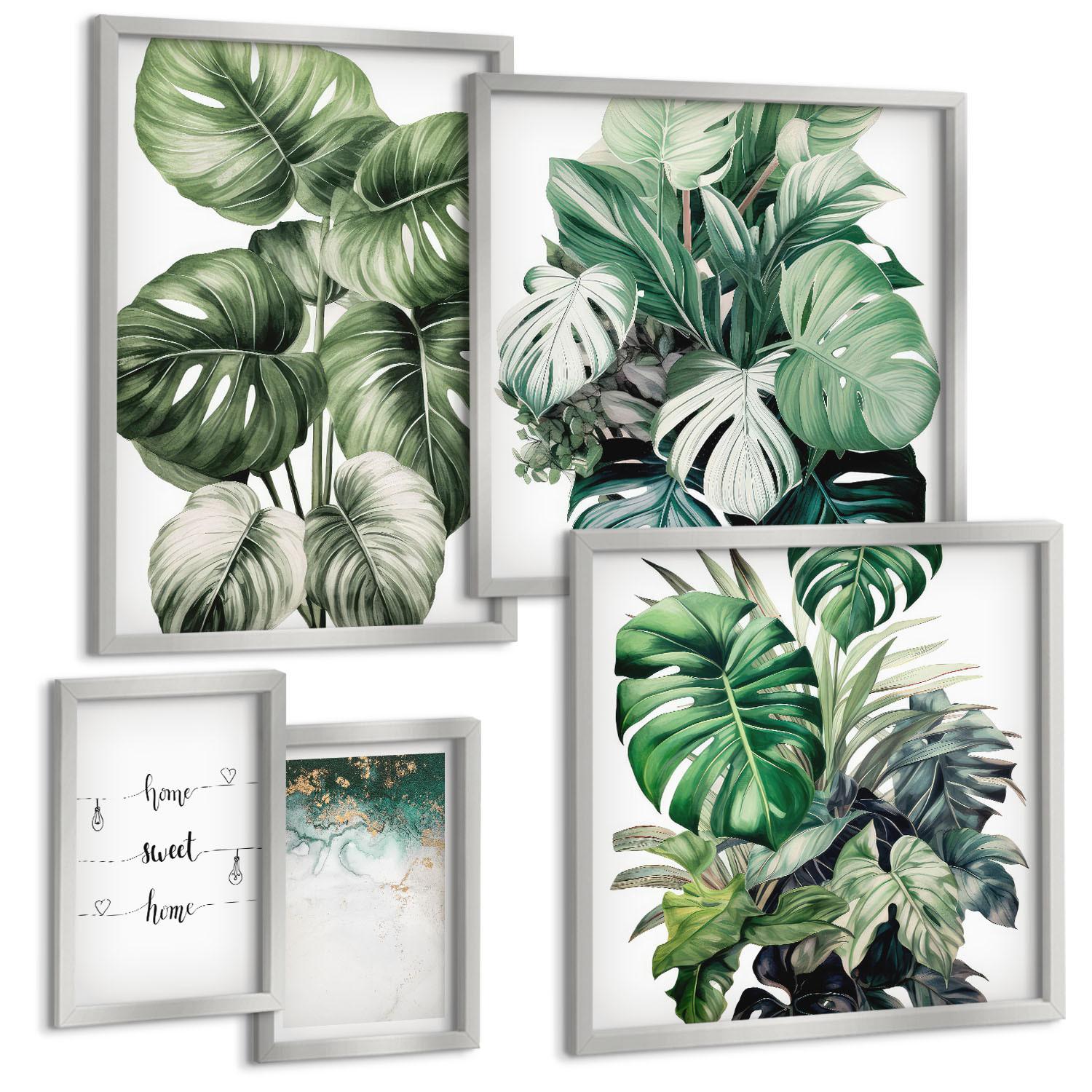 BILDER SET 5er Set - 50x50 cm & 20x30 cm & 40x60 cm Silberner Rahmen - Aquarell-Monstera-Blätter - Silberfarben, Kunststoff (40/60cm) - TULUP