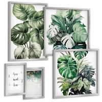 BILDER SET 5er Set - 50x50 cm & 20x30 cm & 40x60 cm Silberner Rahmen - Aquarell-Monstera-Blätter - Silberfarben, Kunststoff (40/60cm) - TULUP