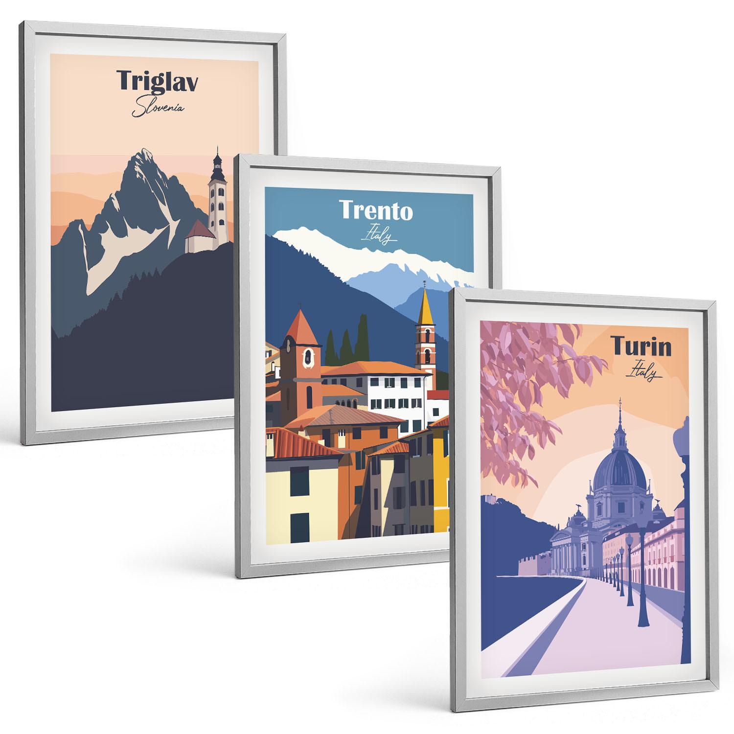 BILDER SET 3er Set - 40x60 cm Silberner Rahmen - Retro-Illustrationen zur Bergarchitektur - Silberfarben, Kunststoff (40/60cm) - TULUP