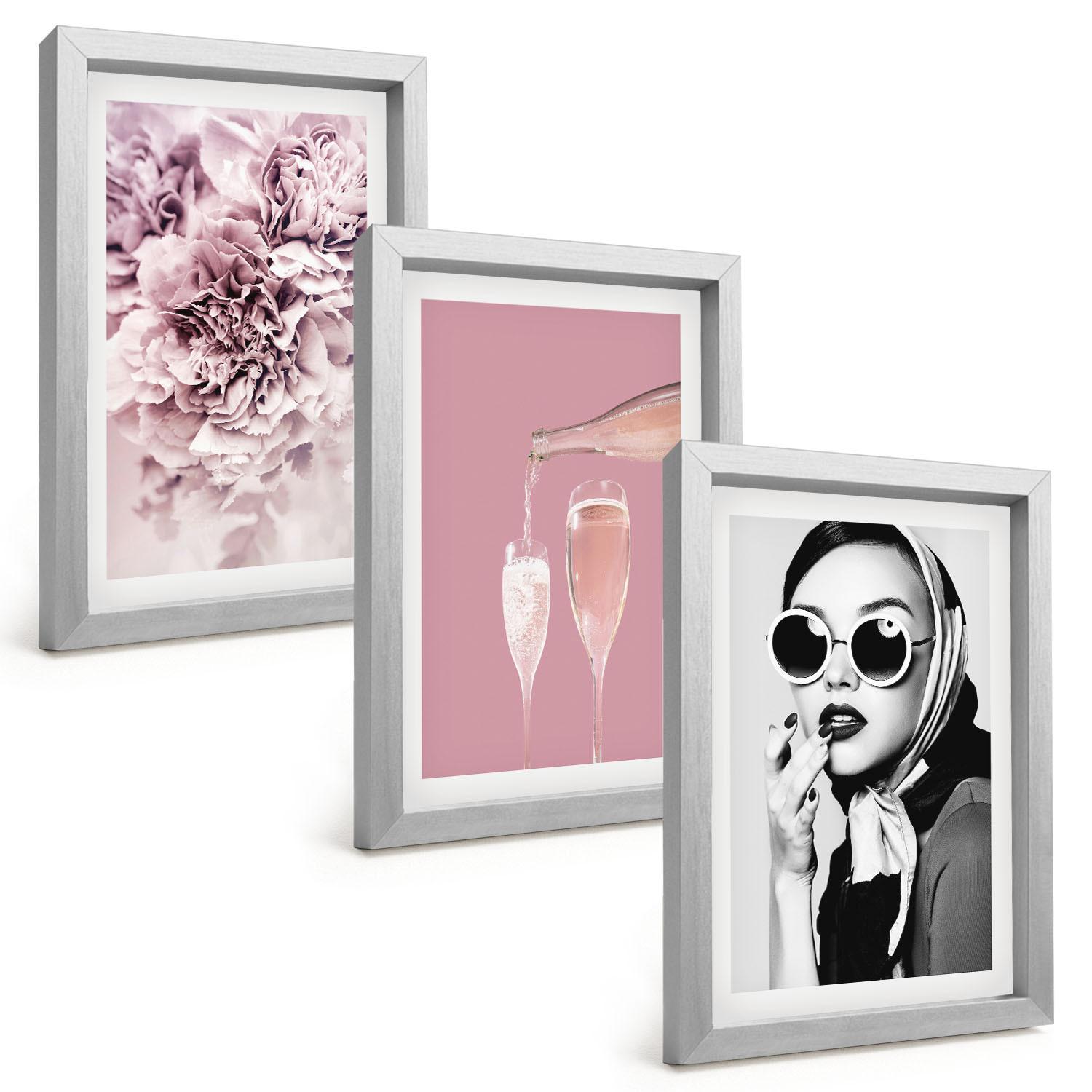 BILDER SET 3er Set - 20x30 cm Silberner Rahmen - Rosenblüten und eine elegante Dame - Silberfarben, Kunststoff (20/30cm) - TULUP