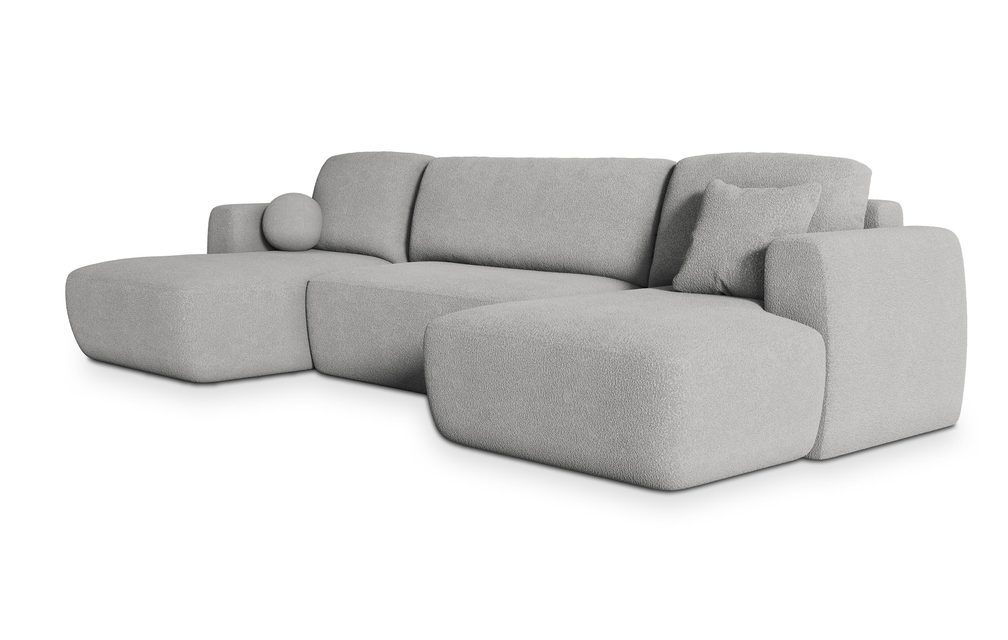 WOHNLANDSCHAFT SENTUM N Hellgrau Boucle-Stoff mit Schlaffunktion - Hellgrau/Schwarz, Holz/Kunststoff (330/90/148cm) - MASSENO
