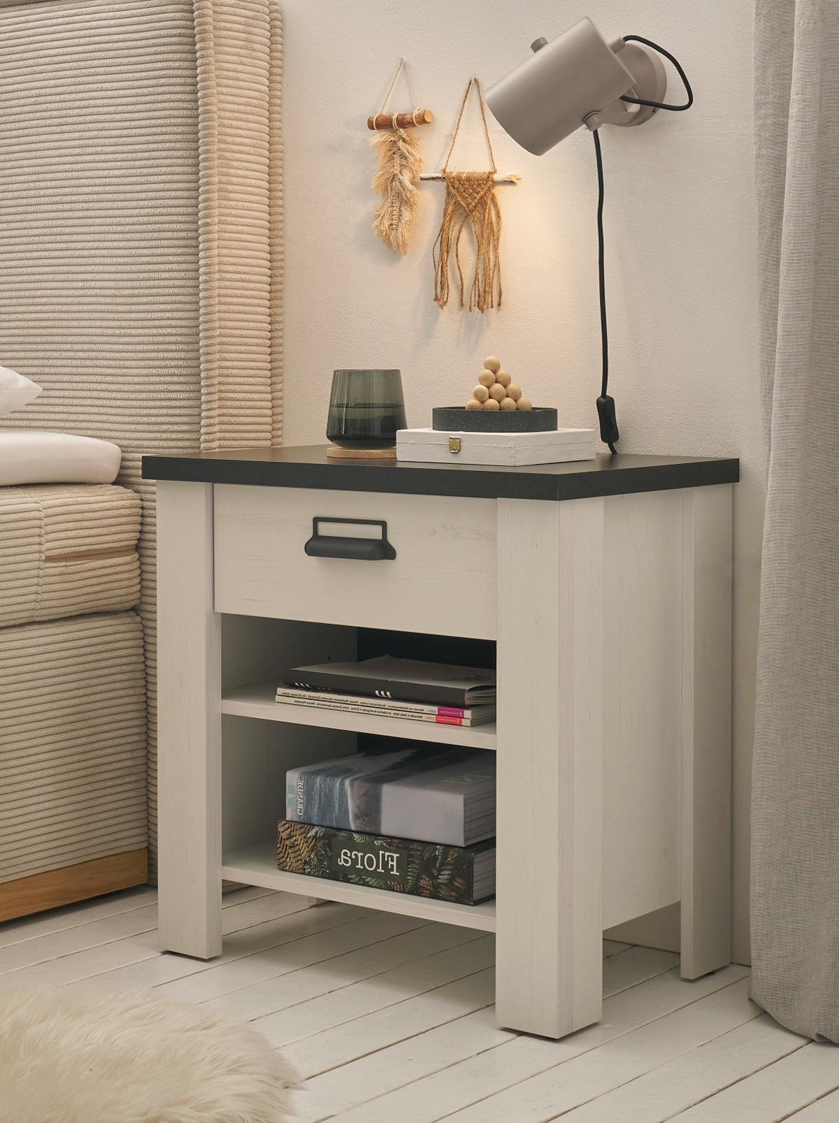 NACHTTISCH weiß Pinie, anthrazit, Landhaus Nachtkommode mit Schubkasten in Komforthöhe - Anthrazit/Weiß, Holzwerkstoff/Metall (60/61/39cm) - Furn.Design