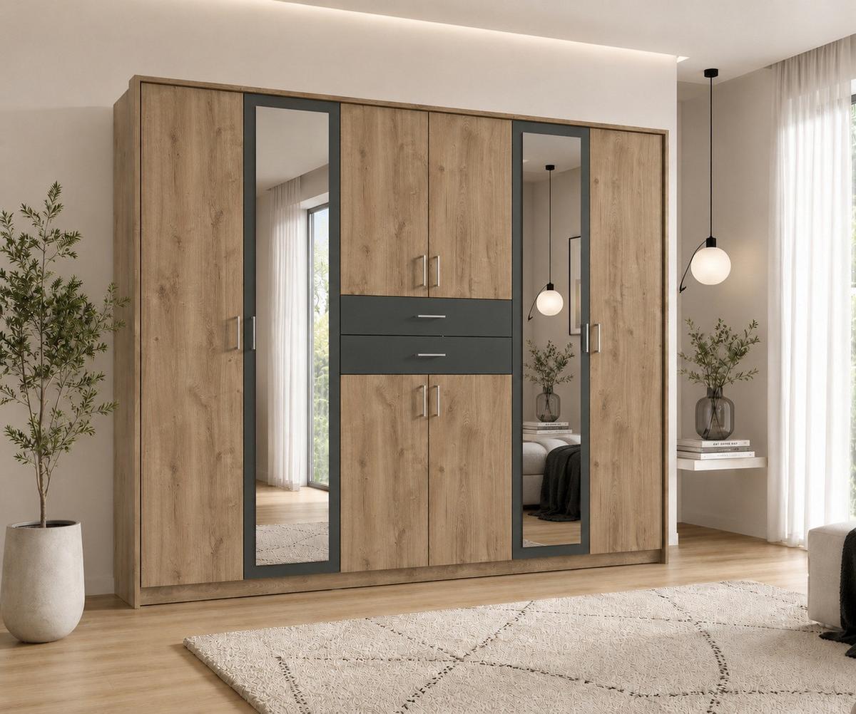 DREHTÜRENSCHRANK Kleiderschrank B273/H210/T58 cm mit Passepartout, Schubkästen & 2 Spiegeltüren, Eiche Dekor mit Absetzungen in Grafit / 22603 - Eichefarben/Silberfarben, Holzwerkstoff/Kunststoff (273/210/58cm) - luma-home