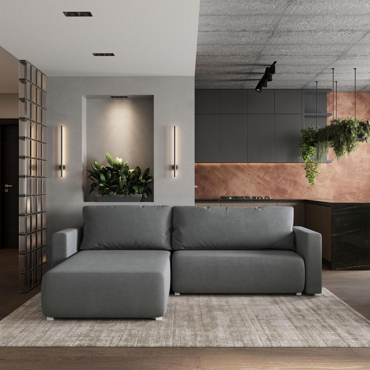 ECKSOFA TURIN Grau Geflochtener Stoff mit Schlaffunktion - Grau, Holz (265/183cm) - MASSENO