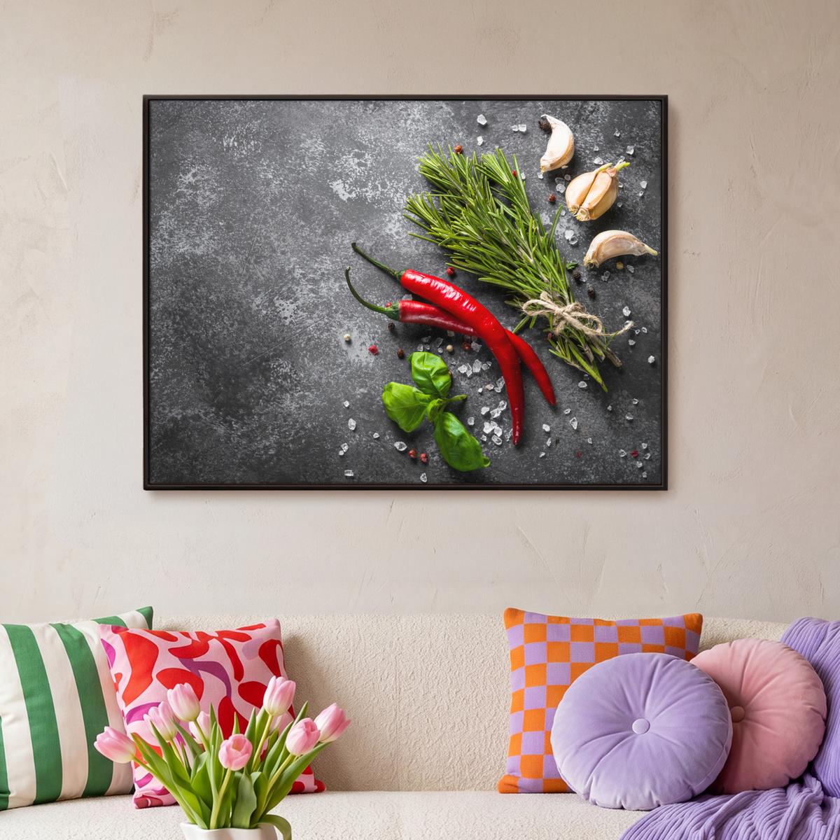 LEINWAND Bilder mit Rahmen - Pfeffer - Kräuter - Gewürze - Beton - 100x70 - Dunkelgrau, Textil (100/70cm) - MuchoWow