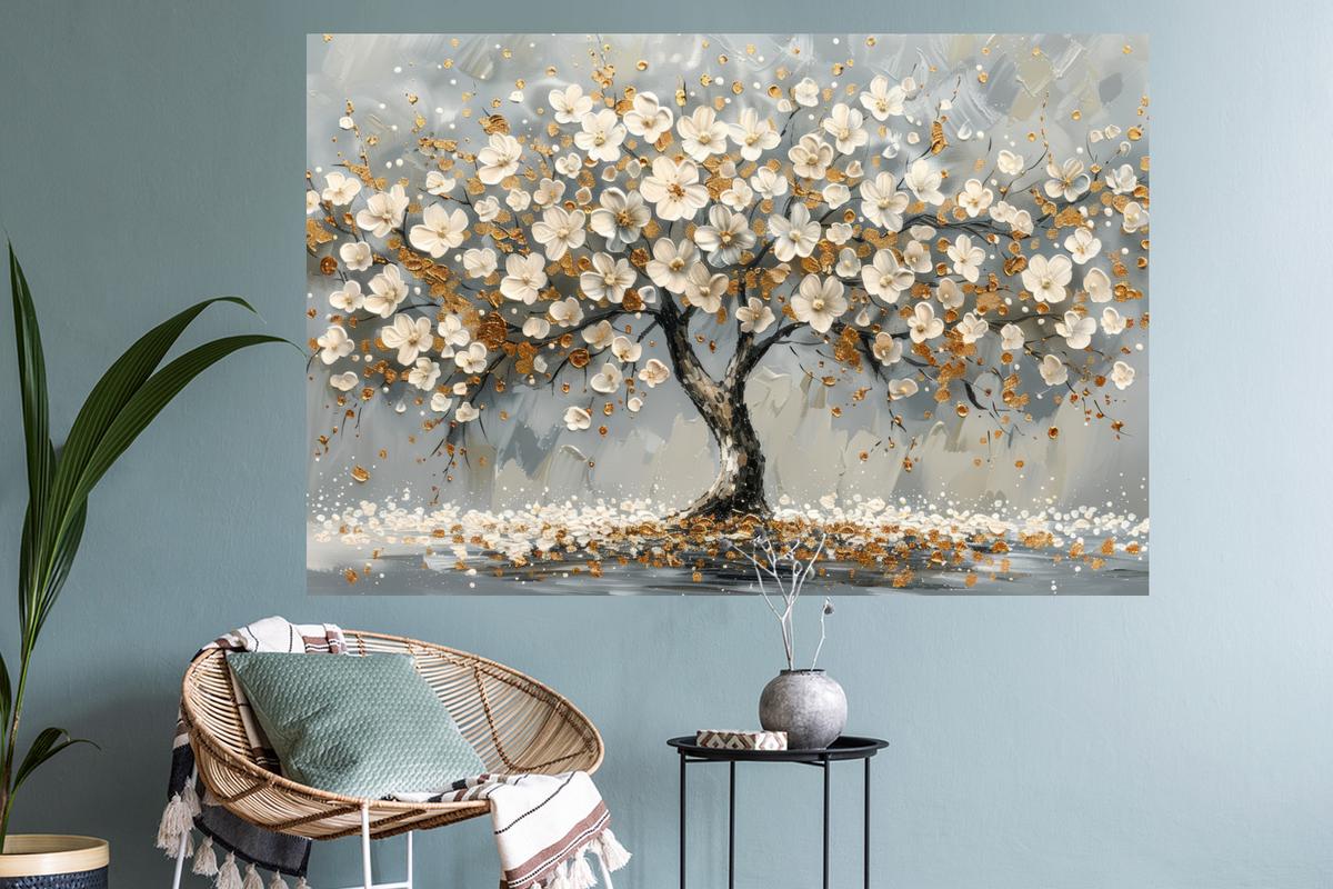 WANDTATTOO Baum - Blumen - Weiß - Natur - Kunst Wandsticker 120x80 cm - Weiß, Kunststoff (120/80/0.1cm) - MuchoWow