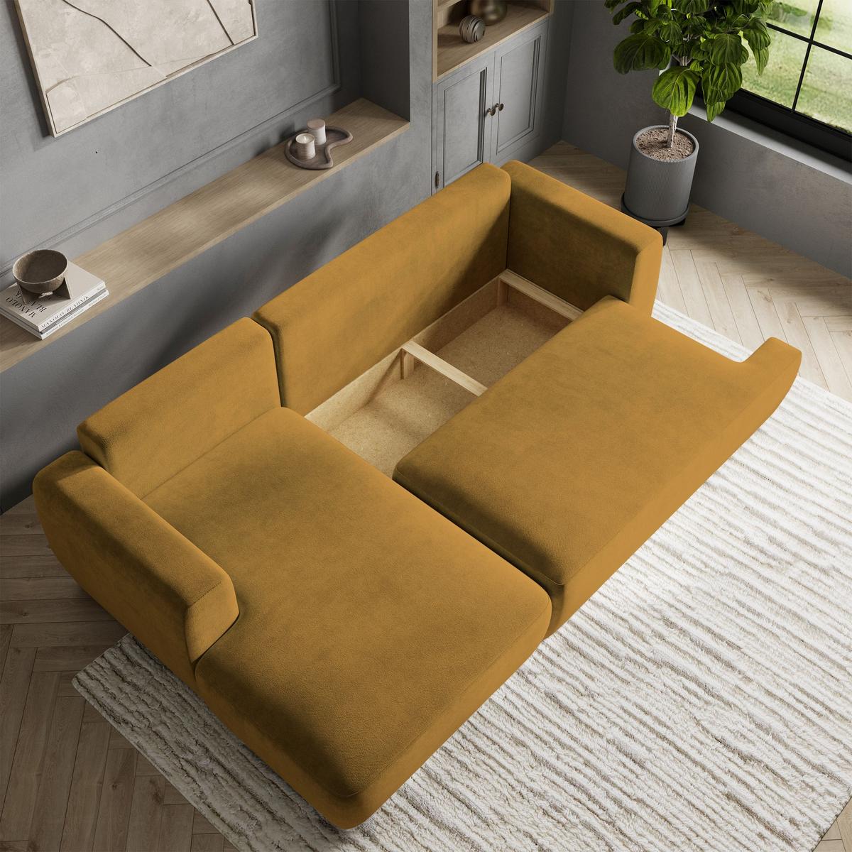 ECKSOFA SENTI K L-S Gelb Plüsch-Stoff mit Schlaffunktion - Gelb/Schwarz, Holz/Kunststoff (246/148cm) - MASSENO