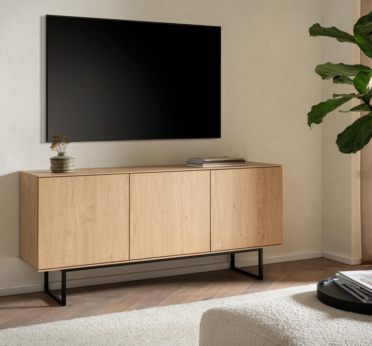 TV-LOWBOARD Stone Eiche 150 x 70 cm, Fernsehtisch mit Push-to-Open und Komforthöhe - Eichefarben/Schwarz, Holzwerkstoff/Metall (150/70/40cm) - Furn.Design