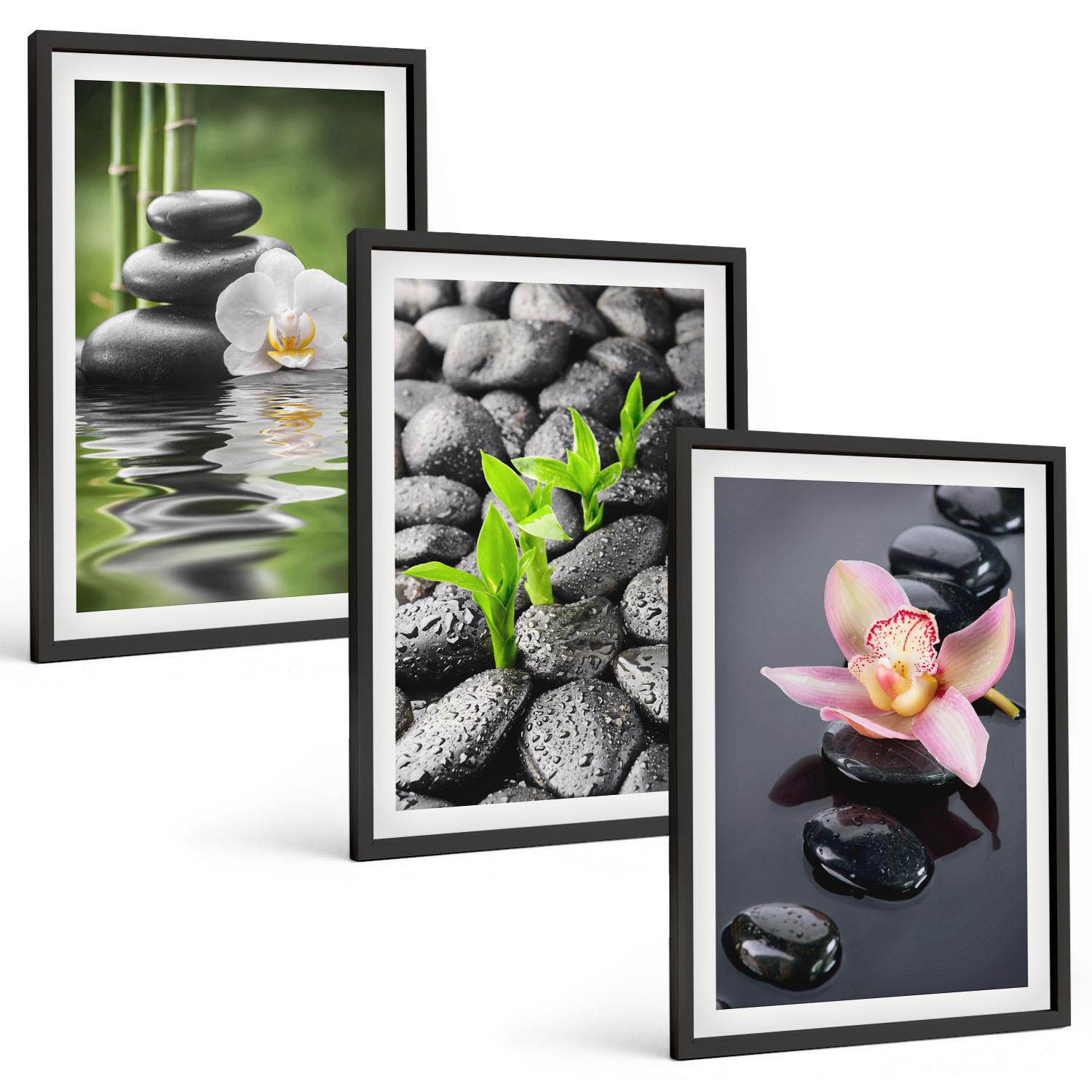 BILDER SET 3er Set - 40x60 cm Schwarzer Rahmen - Eine ruhige Zen-Komposition aus Blumen und Wasser - Schwarz, Kunststoff (40/60cm) - TULUP