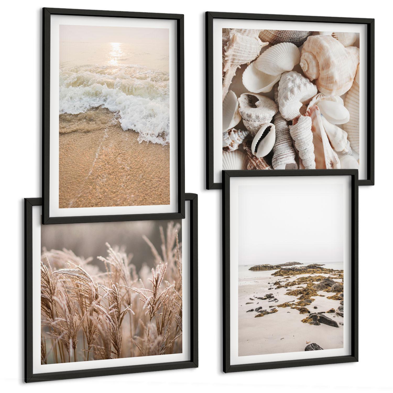 BILDER SET 4er Set - 50x50 cm & 40x60 cm Schwarzer Rahmen - Strandgras, Wellen, Steine, Boho-Stil - Schwarz, Kunststoff (50/50cm) - TULUP
