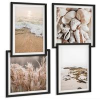 BILDER SET 4er Set - 50x50 cm & 40x60 cm Schwarzer Rahmen - Strandgras, Wellen, Steine, Boho-Stil - Schwarz, Kunststoff (50/50cm) - TULUP