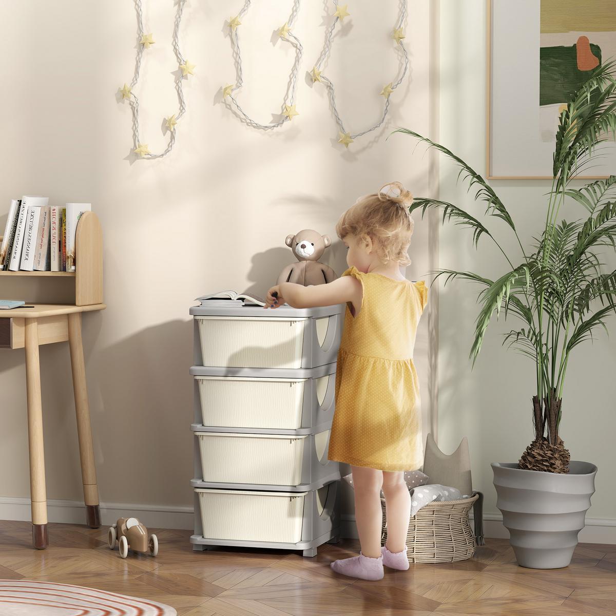 AUFBEWAHRUNGSBOXEN für Kinder, 4 große Schubladen, Kunststoff - Creme, Kunststoff (37/76/37cm) - HOMCOM