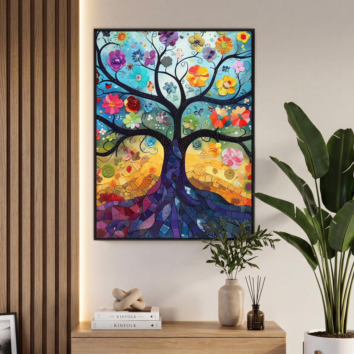 LEINWAND Bilder mit Rahmen - Kunst - Baum des Lebens - Blumen - Hippie - 70x100 - Dunkelblau, Textil (70/100cm) - MuchoWow