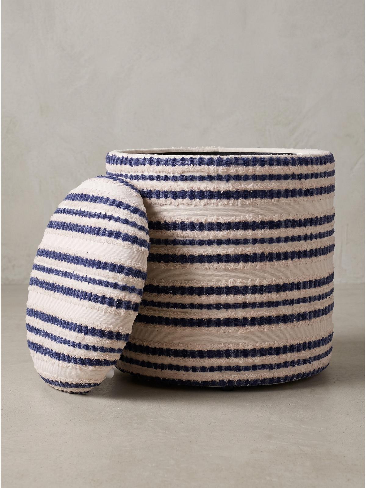 SITZHOCKER RHONE, Stoff, mit Textilbezug, Blau-Beige, Ø 40 x 45 cm - Blau/Beige, Textil (40/45/40cm) - KADIMA DESIGN