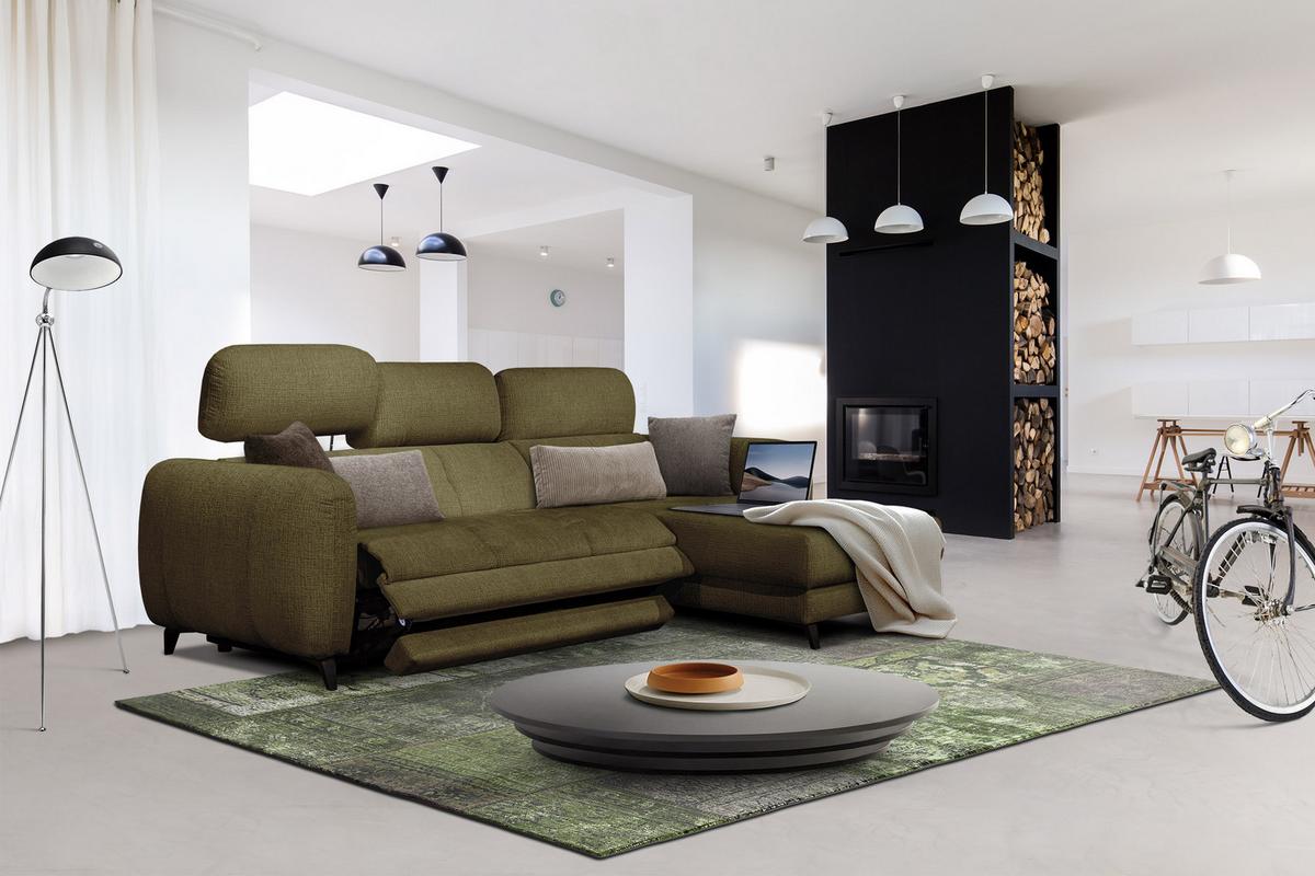 ECKSOFA SVEN 3-Sitzer, 1 Relax XL, verstellbare Kopfstützen, olivgrün - Schwarz/Olivgrün, Holzwerkstoff/Textil (256/163cm) - Wozimo