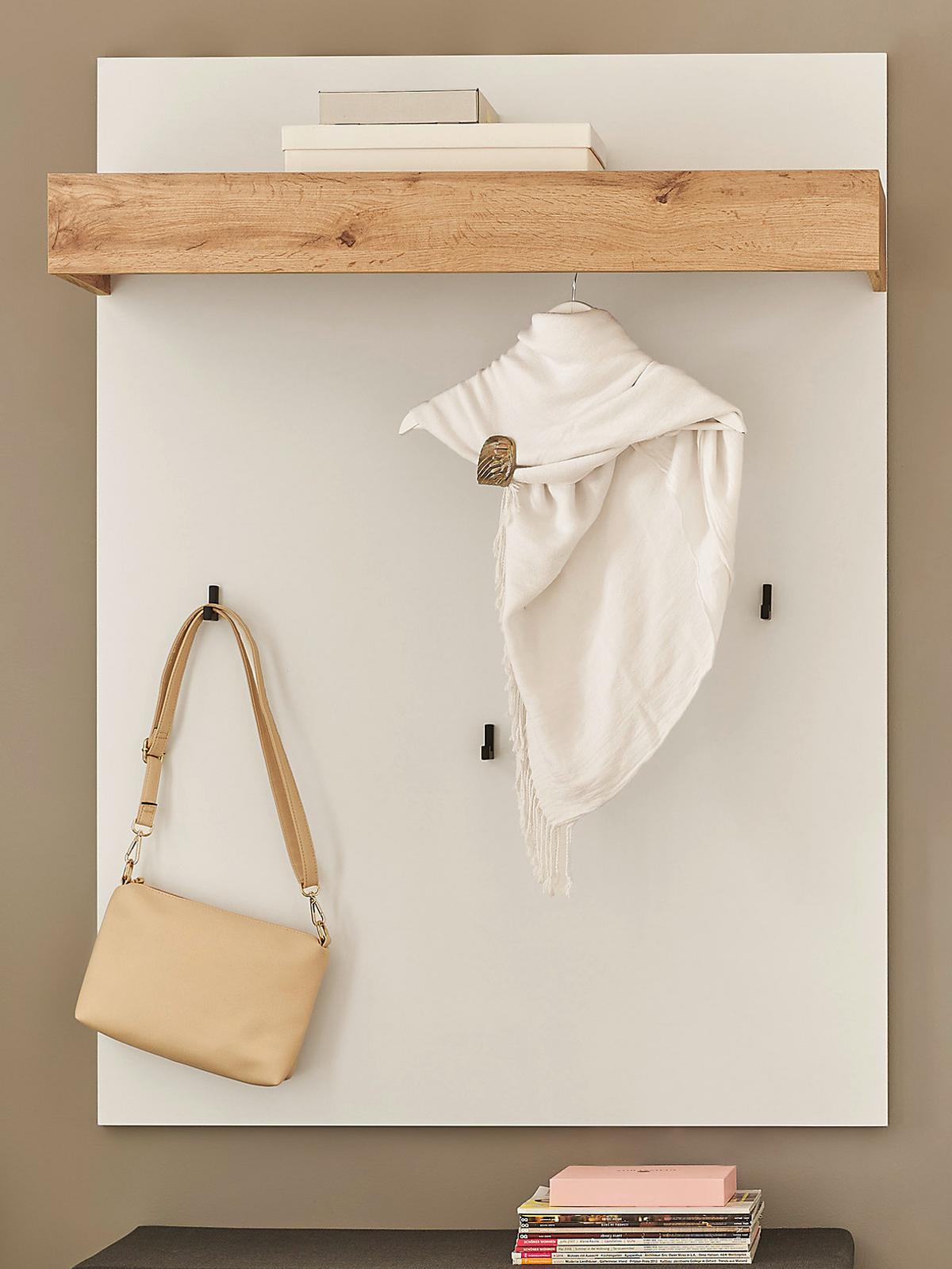 GARDEROBENPANEEL weiß, Eiche Wotan 100 cm, Wandgarderobe mit Kleiderstange - Weiß, Holzwerkstoff/Metall (100/135/25cm) - Furn.Design