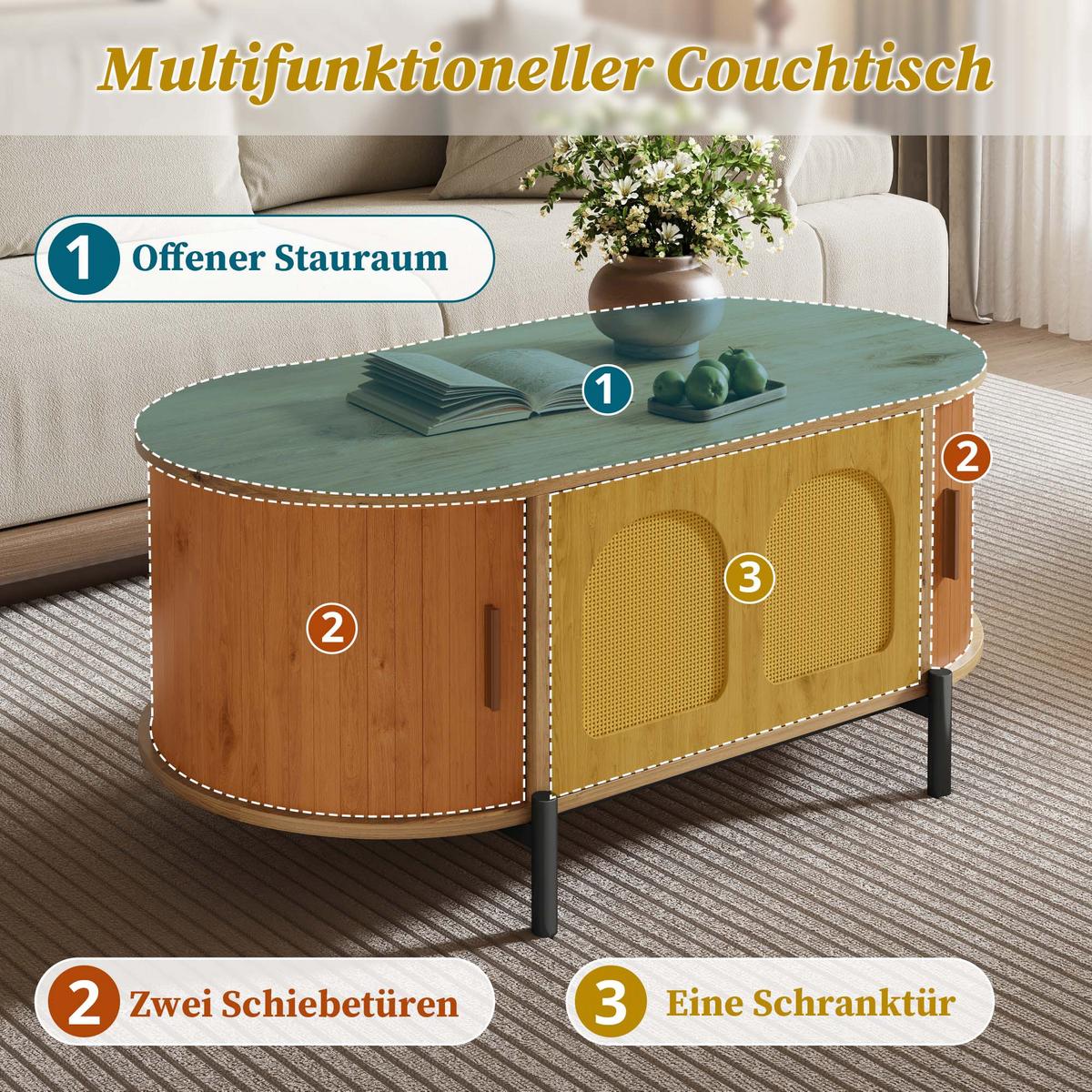 COUCHTISCH in holzoptik mit rattan, ovale form und schiebetüren - Naturfarben, Holzwerkstoff (50/100/40cm) - Urban Meuble