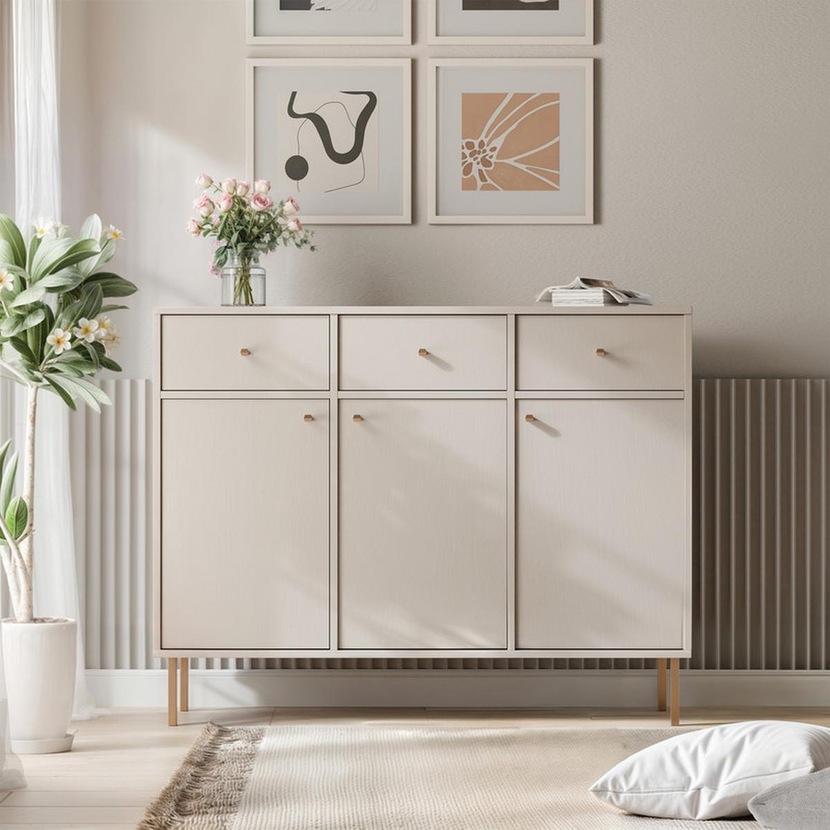 KOMMODE FLOW 124/41/95 cm, 3 Schublade(n), Sandbeige - Beige, Holzwerkstoff/Metall (124.5/95/40.8cm) - Idohome