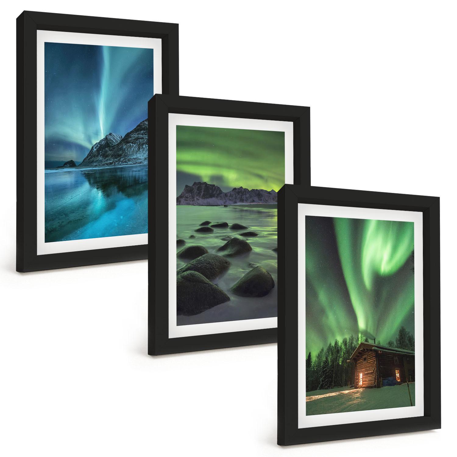 BILDER SET 3er Set - 20x30 cm Schwarzer Rahmen - Winterlandschaften, Nordlichter, Berge - Schwarz, Kunststoff (20/30cm) - TULUP