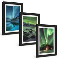 BILDER SET 3er Set - 20x30 cm Schwarzer Rahmen - Winterlandschaften, Nordlichter, Berge - Schwarz, Kunststoff (20/30cm) - TULUP