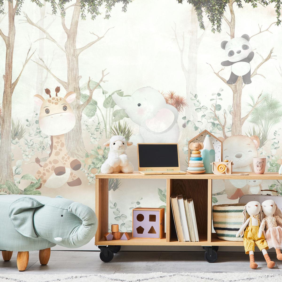 FOTOTAPETE für Kinder Tiere Wald Pflanzen 100x70 - Beige/Orange, Papier (100/70cm) - Muralo
