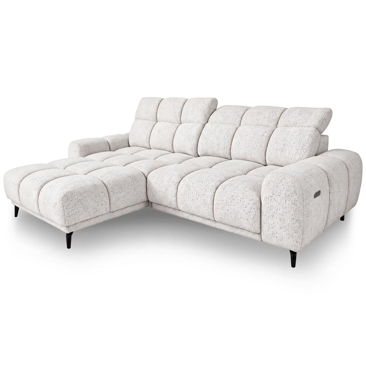 ECKSOFA Marco Mini mit elektrisch ausfahrbarem Sitz und verstellbaren Kopfstützen, Links, Chenille-Stoff, Creme - Creme/Schwarz, Textil (275/182cm) - Beautysofa