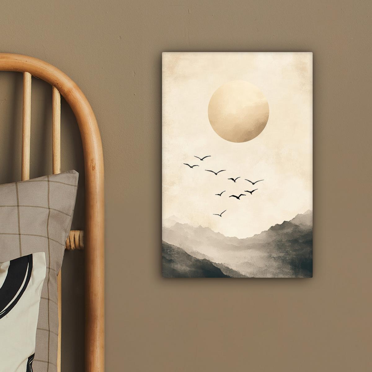 LEINWANDBILD Landschaft - Japandi - Vogel Deko Wohnzimmer 20x30 cm - Beige, Textil (20/30cm) - MuchoWow