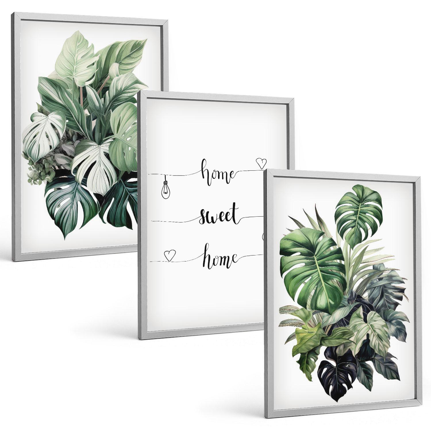 BILDER SET 3er Set - 40x60 cm Silberner Rahmen - Aquarell-Monstera-Blätter - Silberfarben, Kunststoff (40/60cm) - TULUP