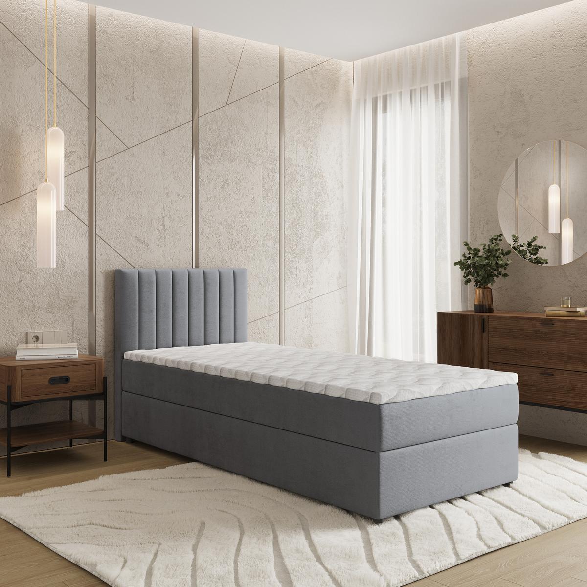 BOXBETT BRESEL 90 90x200 cm mit Matratze und Topper, H2+H3 - Grau - Grau, Holz (90/200cm) - MASSENO