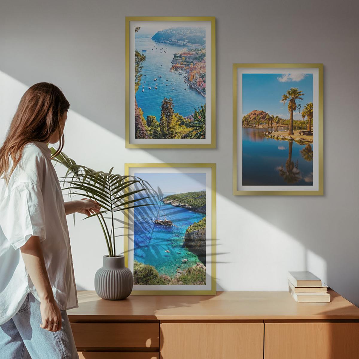 BILDER SET 3er Set - 40x60 cm Goldrahmen - Palmen am Meer, blaues Wasser - Goldfarben, Kunststoff (40/60cm) - TULUP