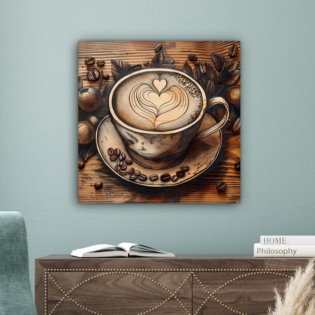LEINWANDBILD Kaffee - Vintage - Braun - Tasse - Holz Wandbild Wohnzimmer 50x50 cm - Braun, Textil (50/50cm) - MuchoWow