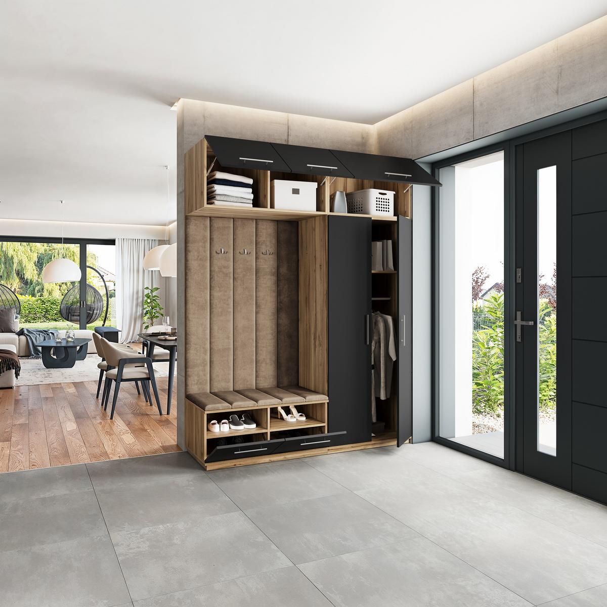GARDEROBENSCHRANK REMA 180/240/60 cm Modern Garderobe-Set Eiche Wotan - Eiche Wotan/Schwarz, Holzwerkstoff (180/240/60cm) - MASSENO