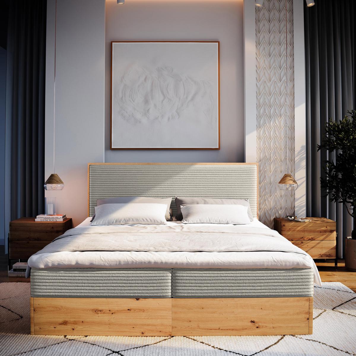 BOXBETT VERDON 140x200 cm mit Matratze und Topper - Beige - Beige, Holz (140/200cm) - MASSENO