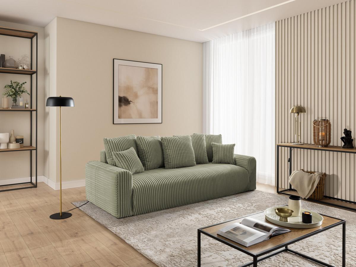 SCHLAFSOFA Calma mit Bettkasten im Bumpy-Design aus weichem Olive Plüschcord - Schwarz/Olivgrün, Holz/Kunststoff (239/88/98cm) - S-Style