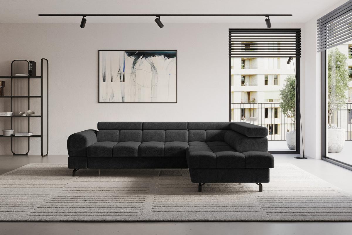 ECKSOFA mit Schlaffunktion Ottomane Rechts LUMA-L 272x203x70 Schwarz Velours - Schwarz, Holzwerkstoff/Kunststoff (203/272cm) - ALTDECOR