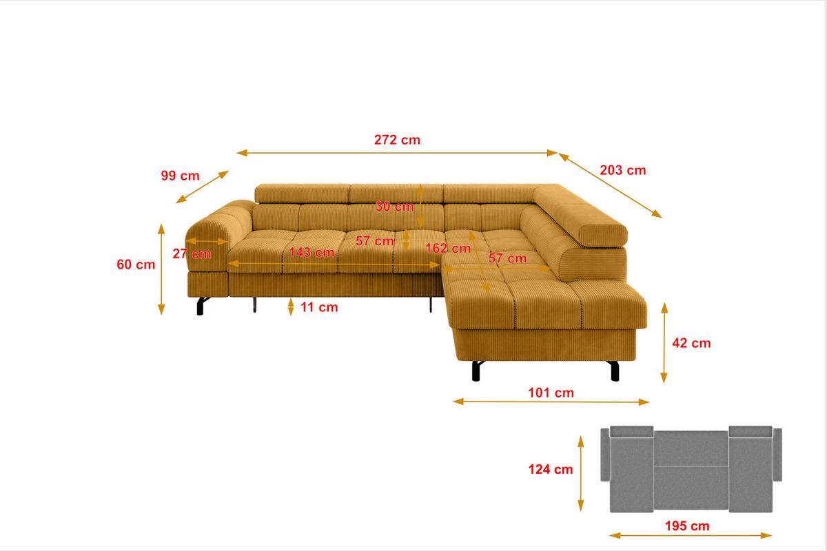 ECKSOFA mit Schlaffunktion Ottomane Rechts LUMA-L 272x203x70 Senfgelb Cord - Schwarz/Honig, Holzwerkstoff/Kunststoff (203/272cm) - ALTDECOR