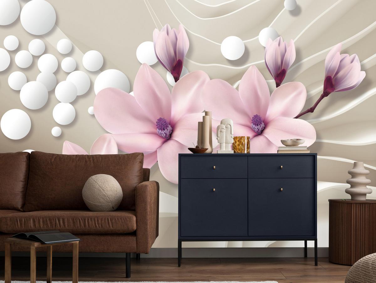 FOTOTAPETE für Wohnzimmer BLUMEN Magnolien ROSA Welliges Raumhintergrund 100x70 - Beige/Rosa, Papier (100/70cm) - Muralo