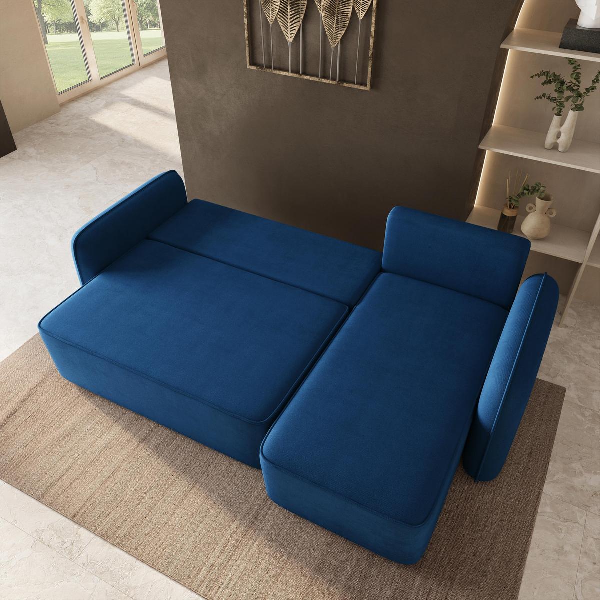 ECKSOFA DOLVER Blau Plüsch-Stoff mit Schlaffunktion - Blau, Holz (238/156cm) - MASSENO