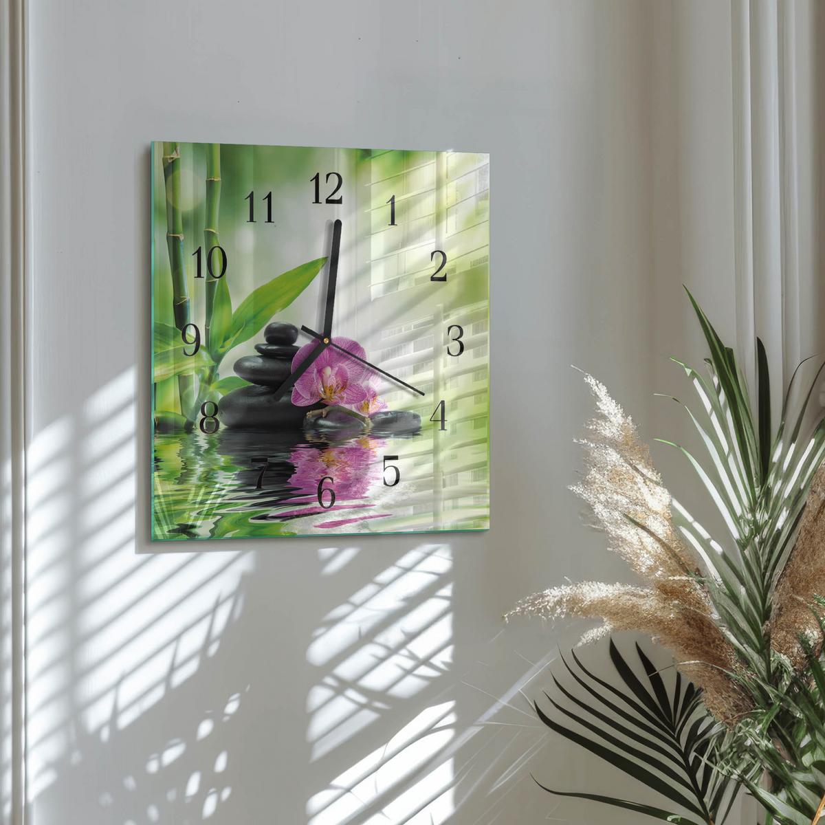WANDUHR aus Glas 30x30 cm - Spa Orchidee - Grün, Glas (30/30/0.4cm) - TULUP