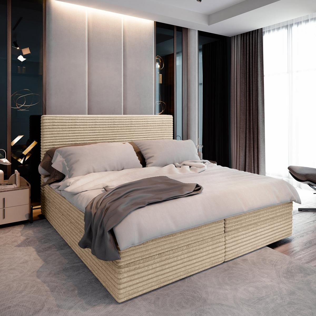 BOXBETT PISA 200x200 cm mit Matratze und Topper, H2+H3 - Creme - Creme, Holz (200/200cm) - MASSENO