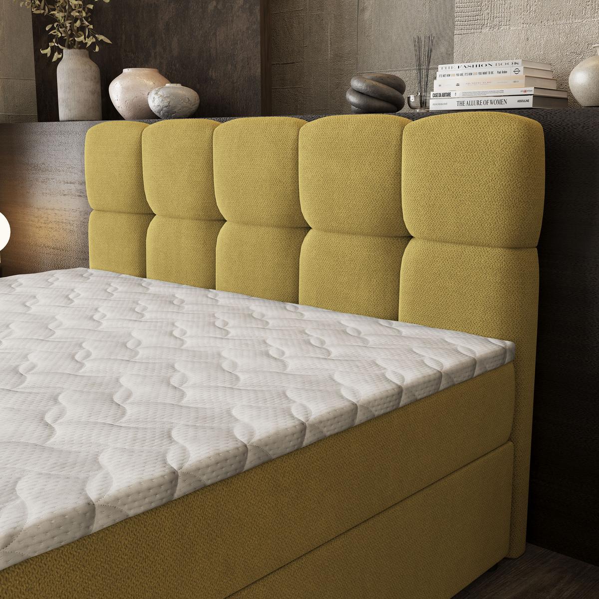 BOXBETT BRUME 200x200 cm mit Matratze und Topper, H2+H3 - Gelb - Gelb, Holz (200/200cm) - MASSENO