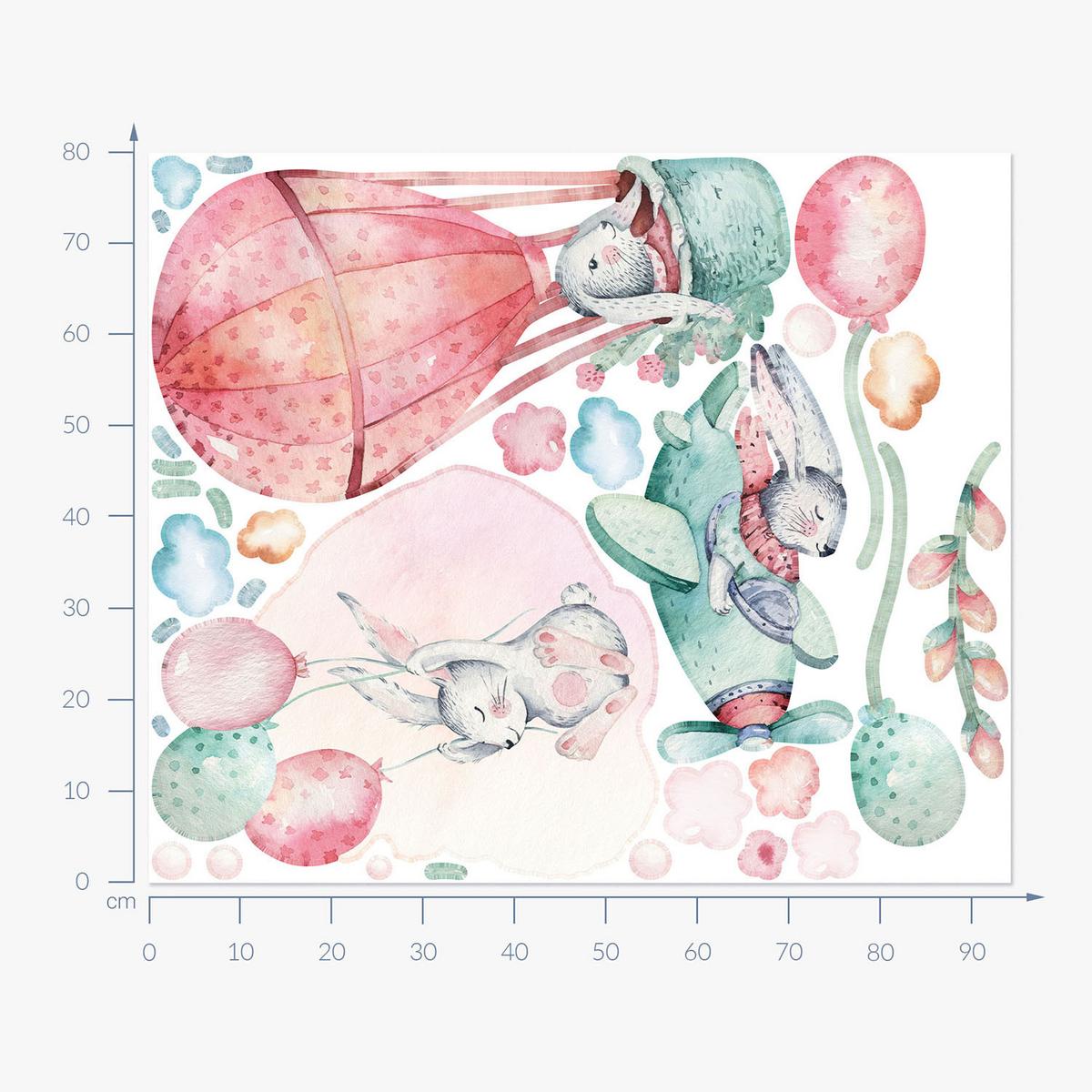 WANDAUFKLEBER 80x94cm - Hasen am Himmel - Multicolor, Kunststoff (80/94/0.1cm) - Wallfluent
