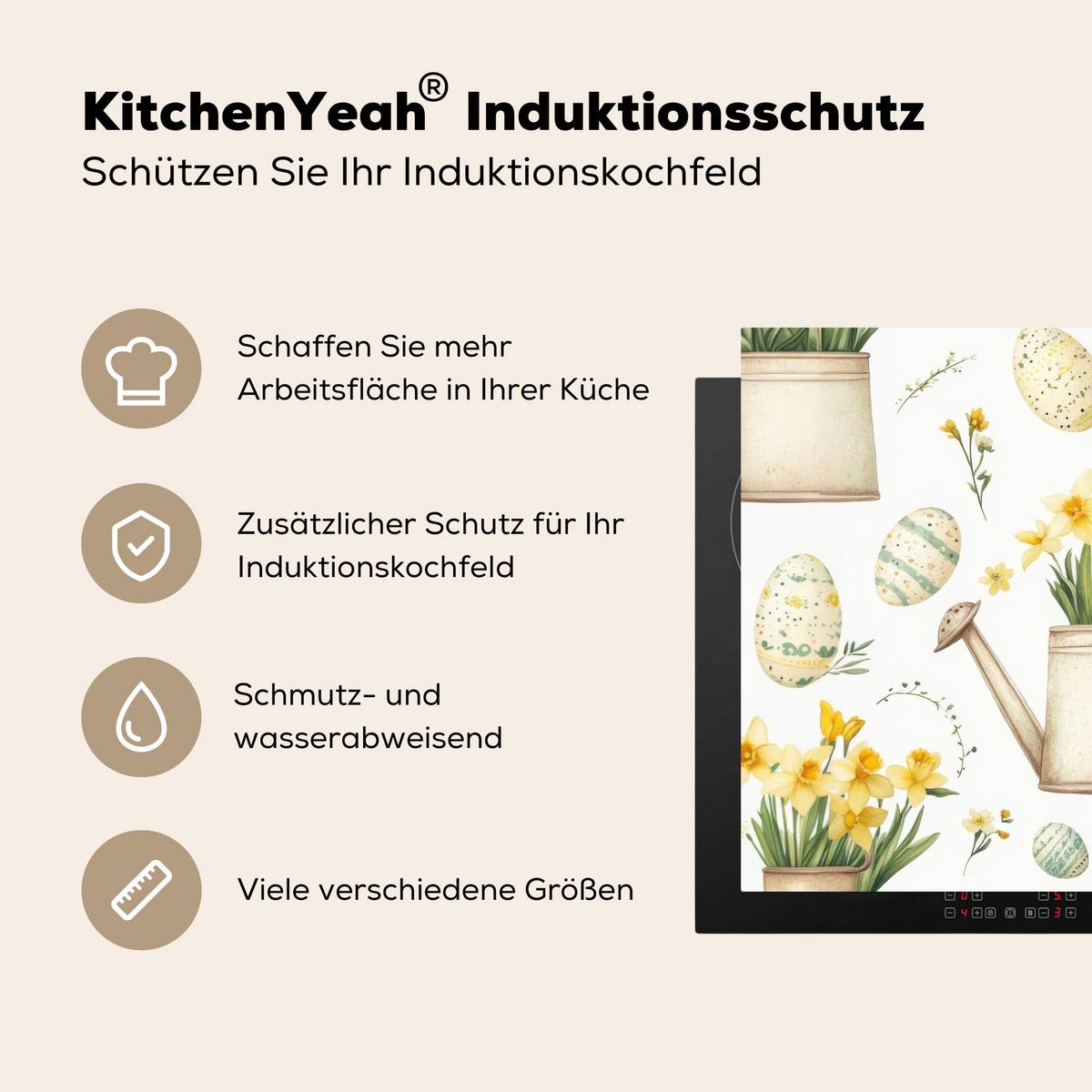 HERDABDECKPLATTE Gießkanne - Blumen - Eier Herdabdeckung Induktionsfeld 70x52 cm - Weiß, Kunststoff (70/52/0.2cm) - MuchoWow