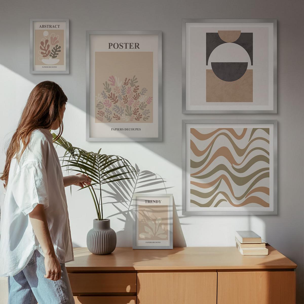 BILDER SET 5er Set - 50x50 cm & 20x30 cm & 40x60 cm Silberner Rahmen - Abstrakte Formenmuster - Silberfarben, Kunststoff (40/60cm) - TULUP