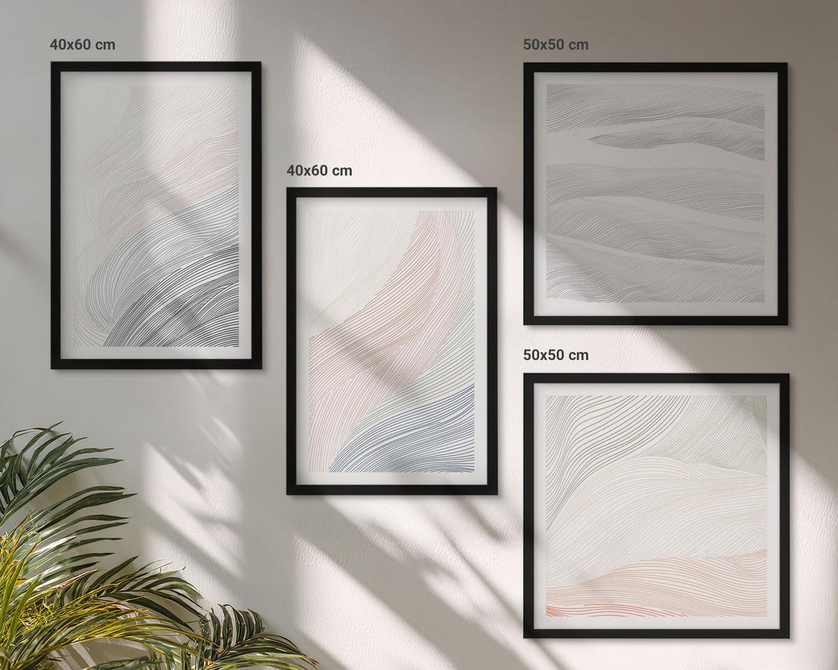 BILDER SET 4er Set - 50x50 cm & 40x60 cm Schwarzer Rahmen - Abstrakte Pastellwellen - Schwarz, Kunststoff (50/50cm) - TULUP